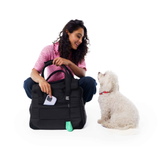 Woman opening a black Just Fred Companion Tote pet carrier side pocket with a small white Bichon Frise dog sitting next to her on a white background