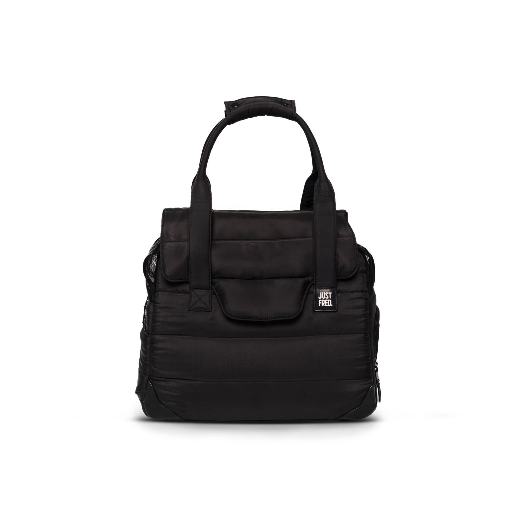 JUST FRED Companion Tote luxury dog carrier in black with vegan leather base and shaped top flap
