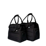 Two black Just Fred Companion Tote pet dog carriers in size small and large on a white background