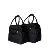 Two black Just Fred Companion Tote pet dog carriers in size small and large on a white background