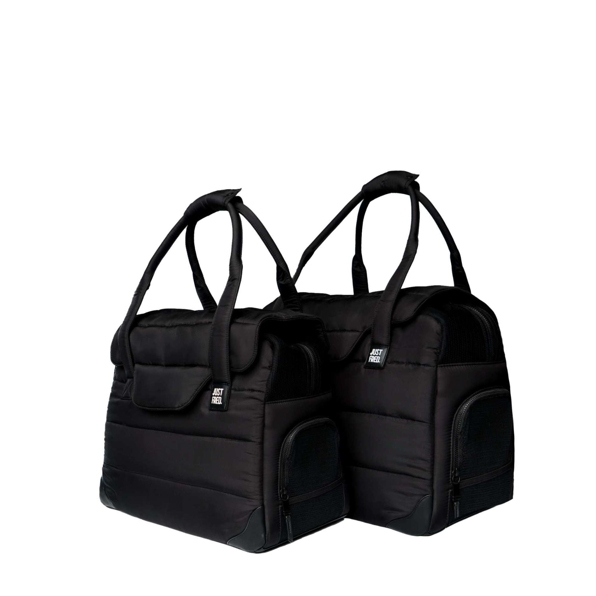 Two black Just Fred Companion Tote pet dog carriers in size small and large on a white background