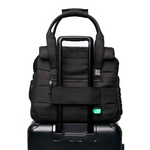 Black Just Fred Companion Dog Tote securely held on top of a suitcase on a white background