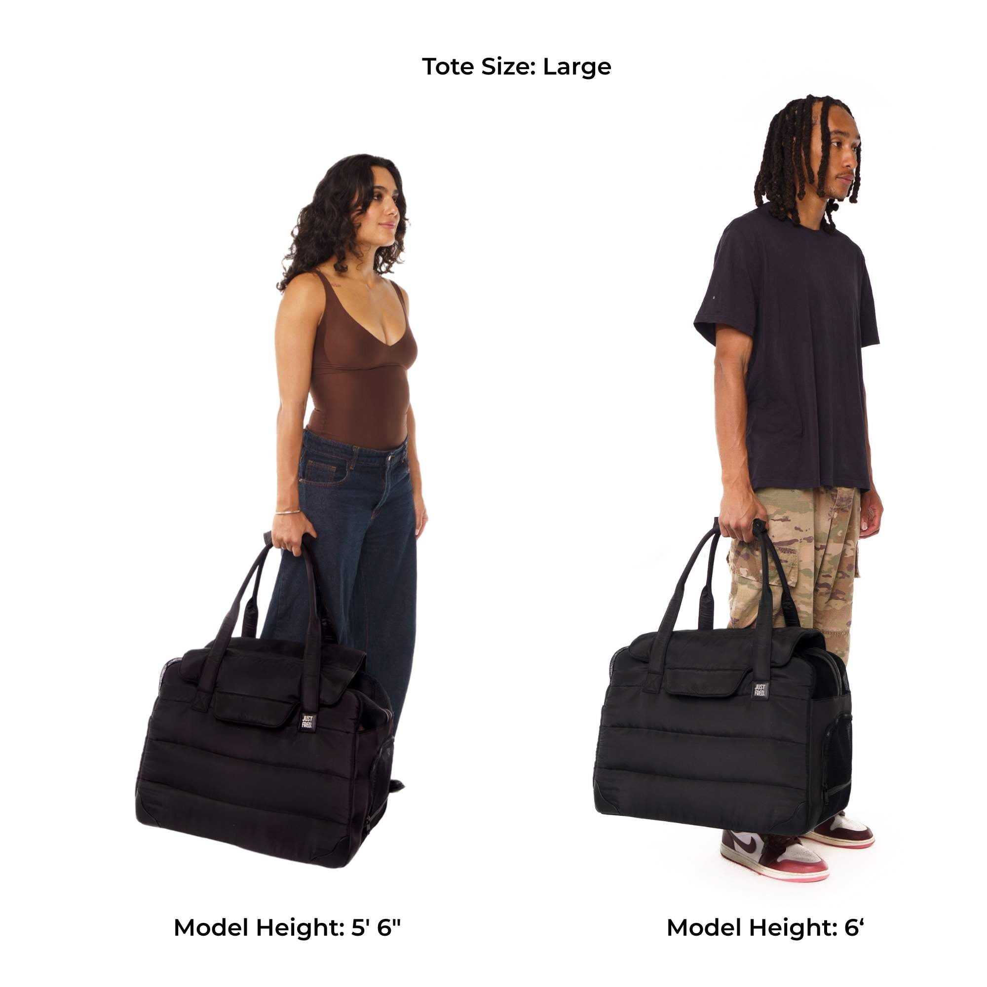 Two people holding large black Just Fred Companion tote dog bags with height and model information displayed.