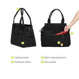 Black Just Fred Destination Tote pet dog carrier with features highlighted on a white background