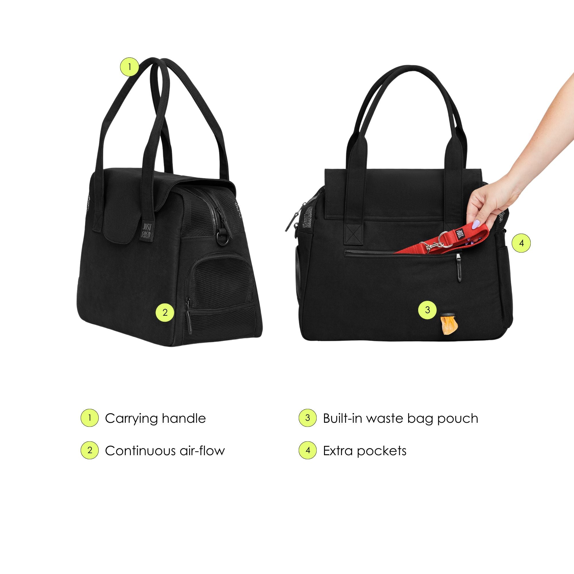 Black Just Fred Destination Tote pet dog carrier with features highlighted on a white background