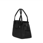 Black Just Fred Destination Tote pet dog carrier showing side breathable mesh window, on a white background