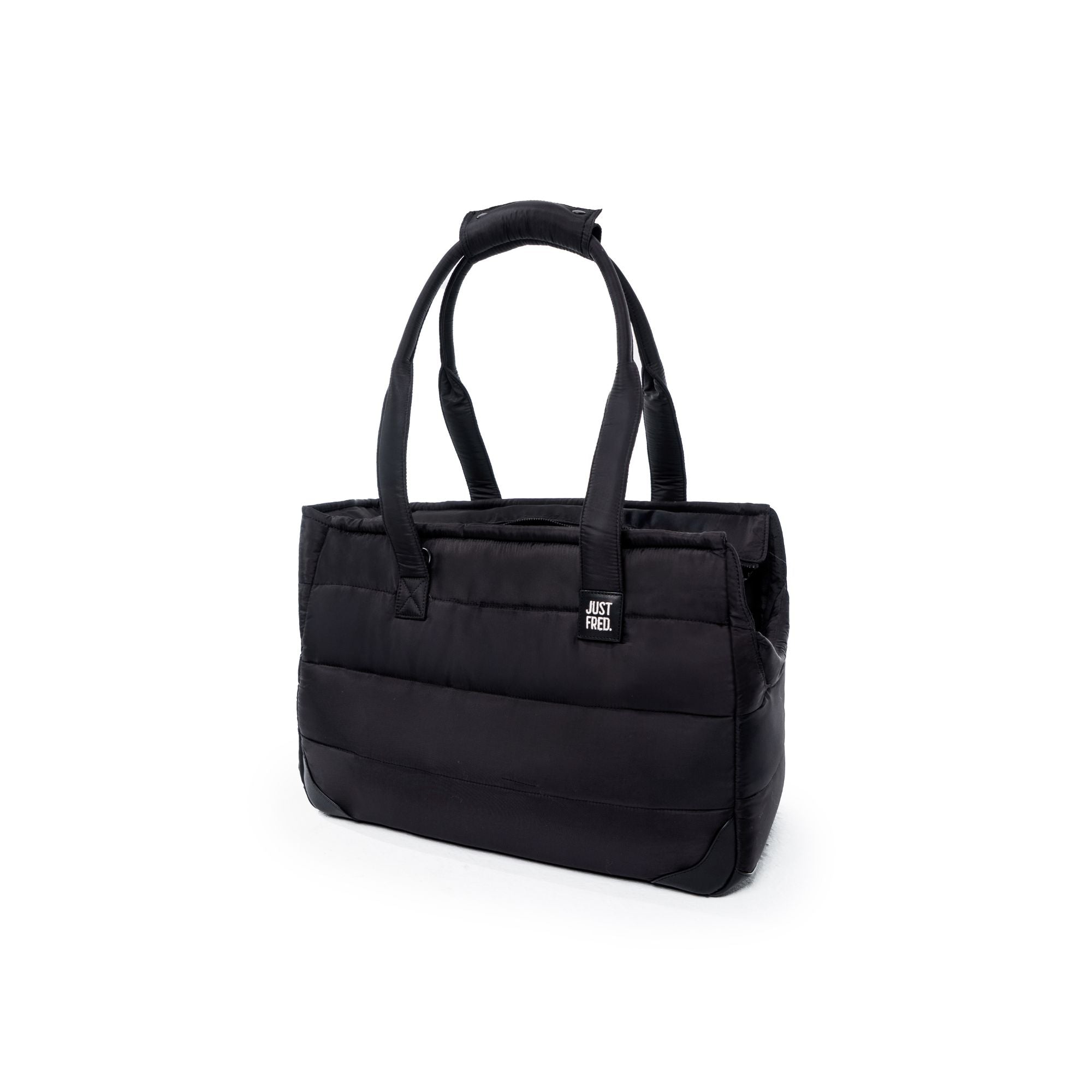 Black Just Fred Subway tote dog bag carrier on a white background
