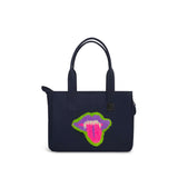 Navy Just Fred Weekend tote dog carrier bag with a colorful lip design by Fem World by Ally Lindsay on a white background