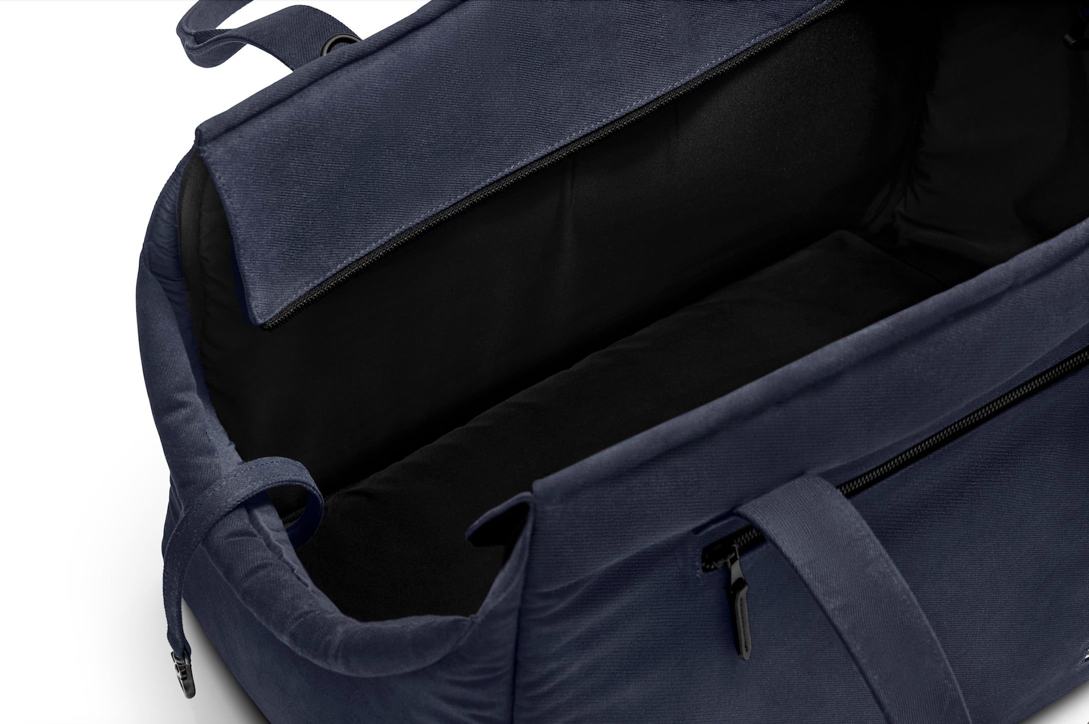 Navy Just Fred Weekend Tote dog carrier bag interior showing soft chin rest and top opening on a white background