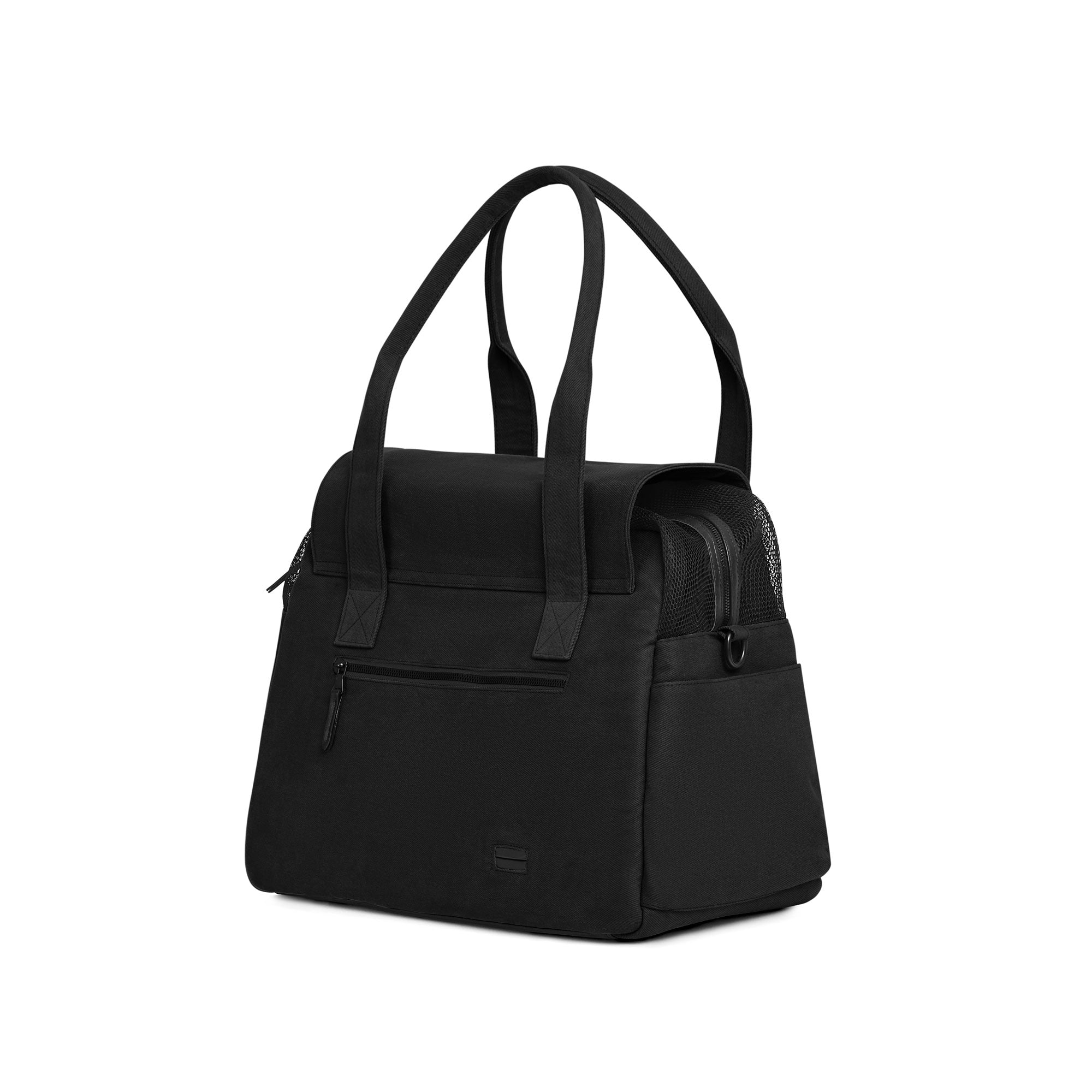 Black Just Fred Destination tote pet dog carrier showing back zipped pocket and side pocket on a white background