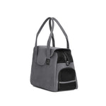 Gray Just Fred Destination Dog Tote with a sleek design, featuring a mesh enclosure and peek-a-boo window, along with an exterior pocket
