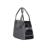 Gray Just Fred Destination Dog Tote with a sleek design, featuring a mesh enclosure and peek-a-boo window, along with an exterior pocket