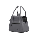 Gray Just Fred Destination Tote dog carrier showing back zipped pocket and mesh top, on a white background
