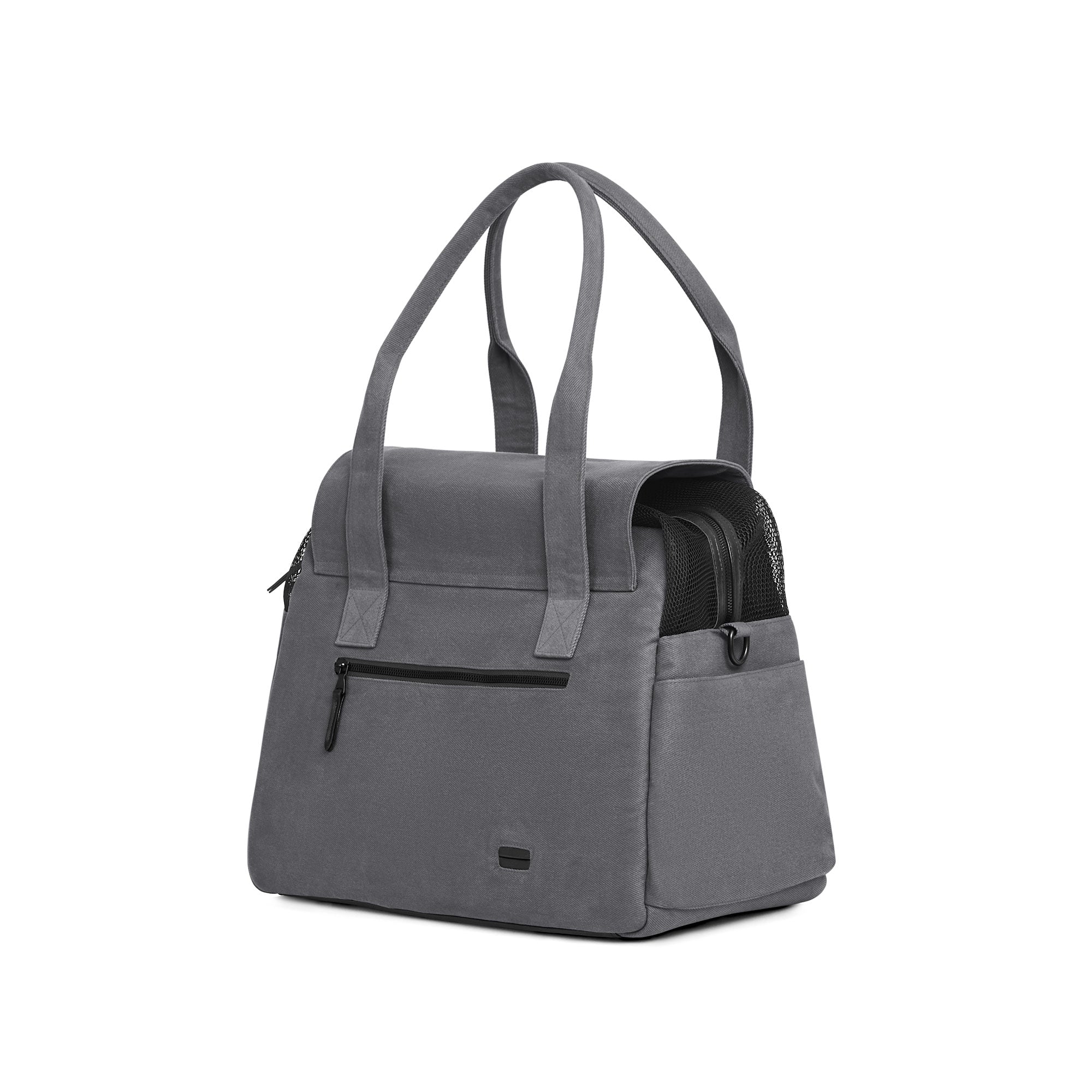 Gray Just Fred Destination Tote dog carrier showing back zipped pocket and mesh top, on a white background