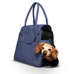 A navy blue Just Fred Destination Tote with a Dachshund peeking out of the side window, on a white background