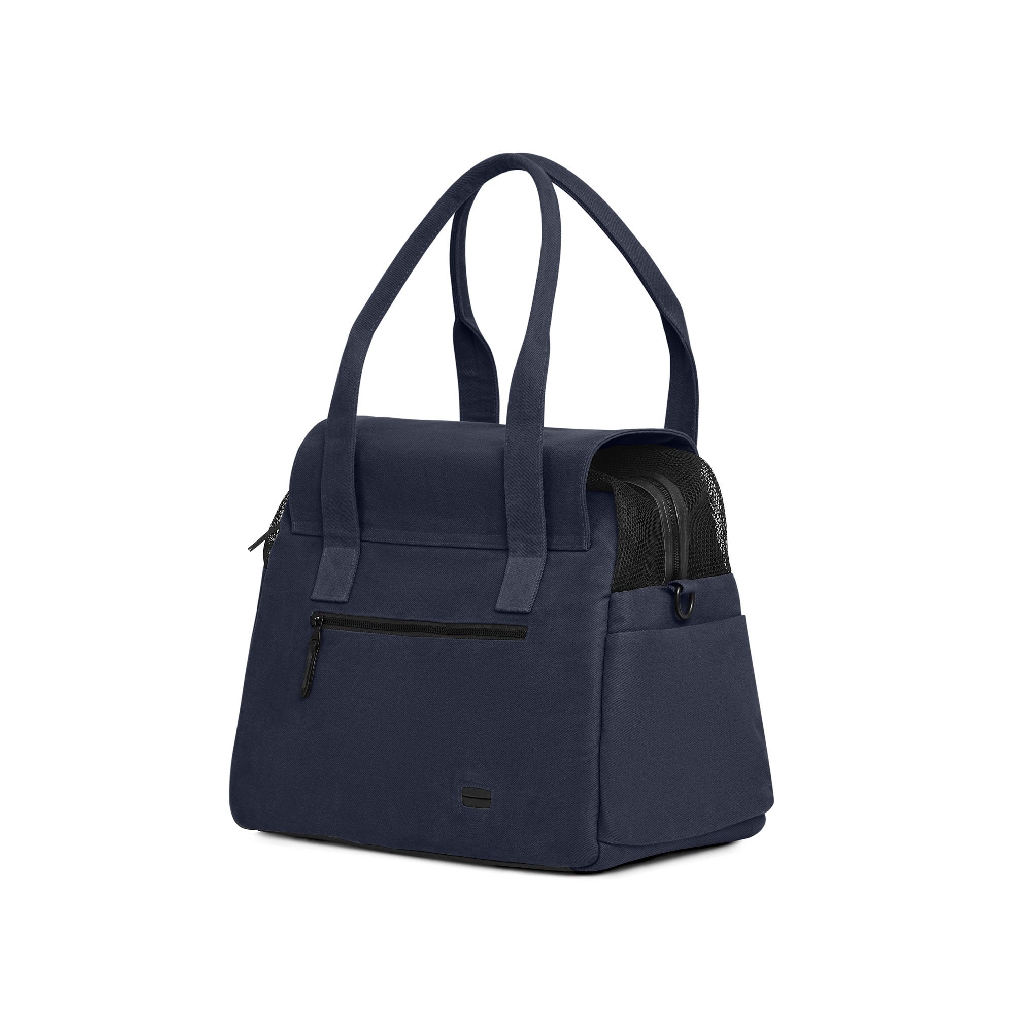 A navy-colored Just Fred Destination Dog Tote with a breathable mesh enclosure and an exterior peek-a-boo window, featuring dual handles, back zipped pocket and a vegan leather base, on a white background